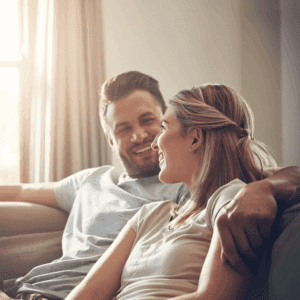 Couple smiling at each other, comfortably