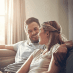 Couple smiling at each other, comfortably